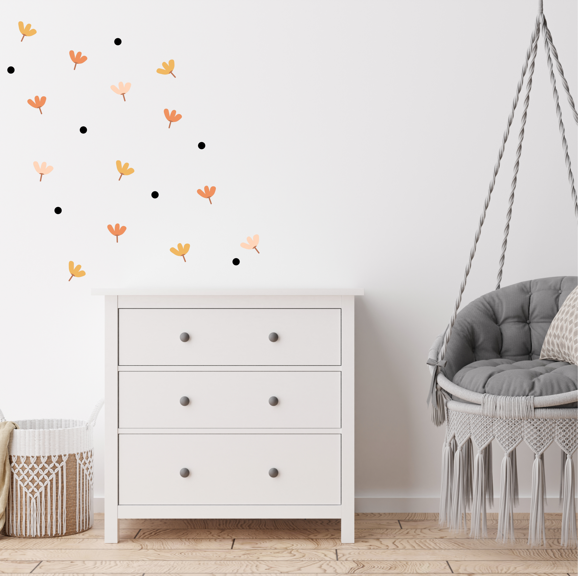Blossom Confetti wall decals spread across a kids’ room wall featuring mixed floral shapes and black dots.