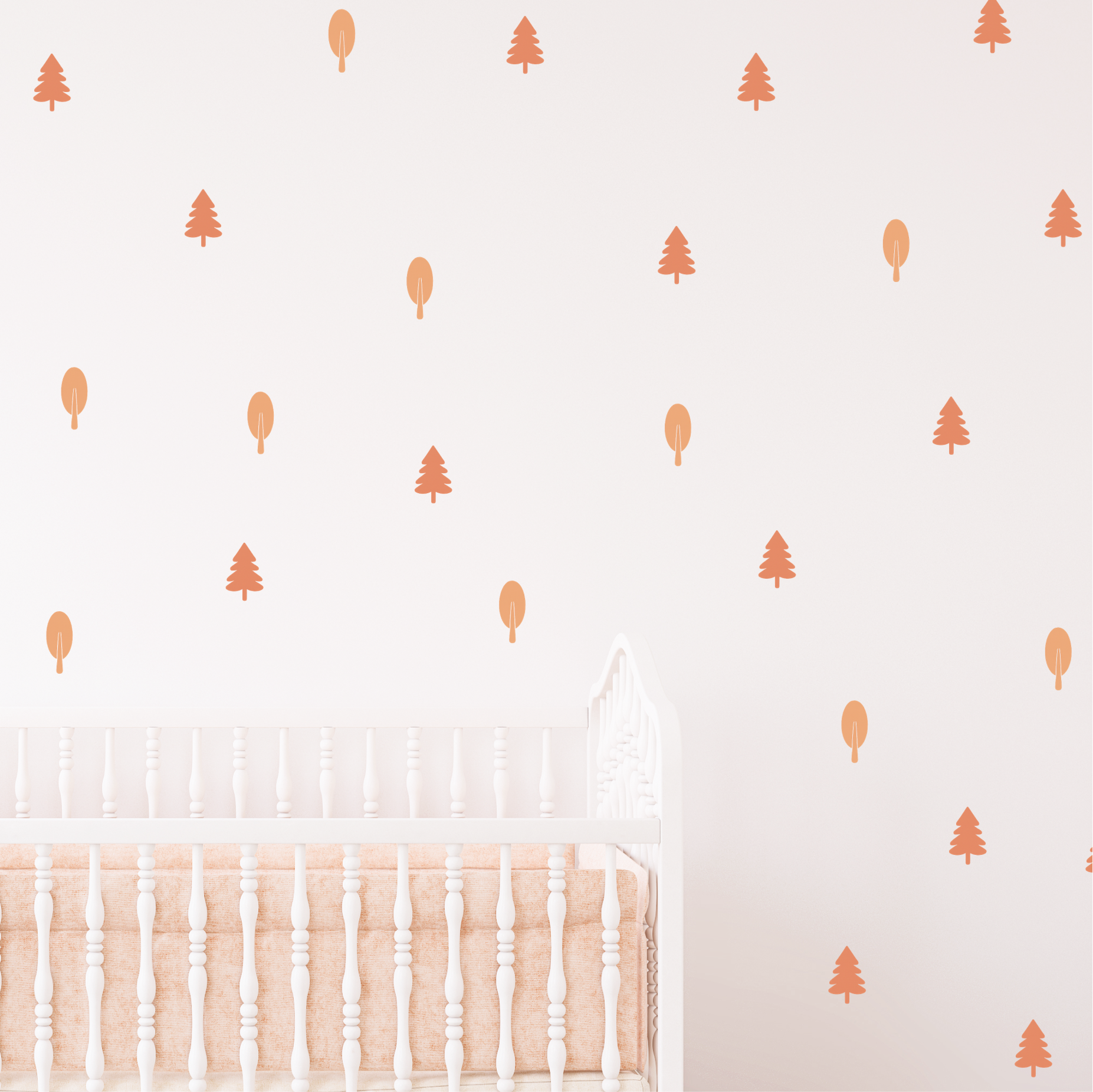 Blush Forest wall decals in blush tones shown above a crib in a minimal kids room decor

