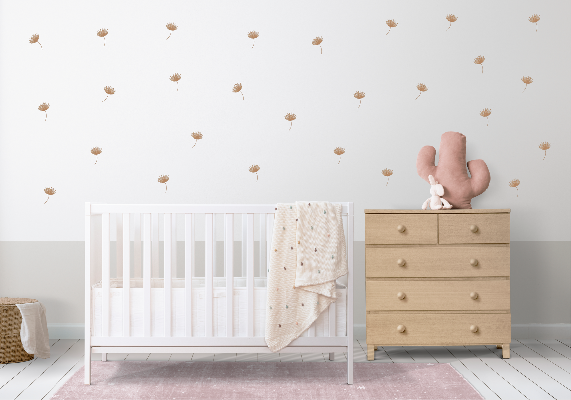 close-up of beige meadow bloom wall decals styled in a minimalist nursery