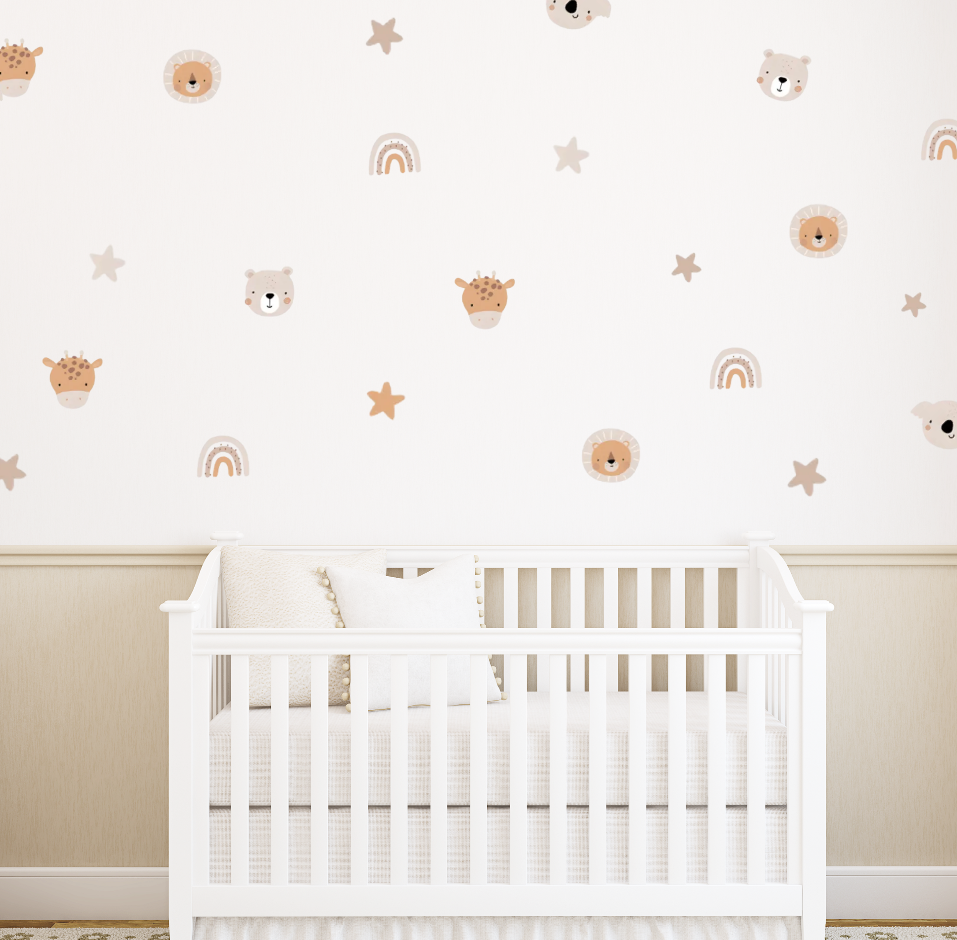 Safari-themed wall decals including lions, bears, rainbows and stars arranged above a white crib in a neutral nursery